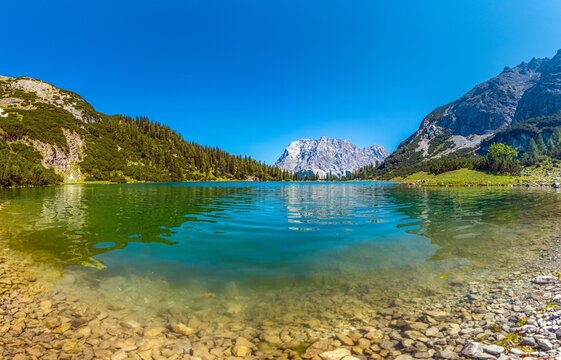 Seebensee lake with Zugspitze view in Tyrol Austria