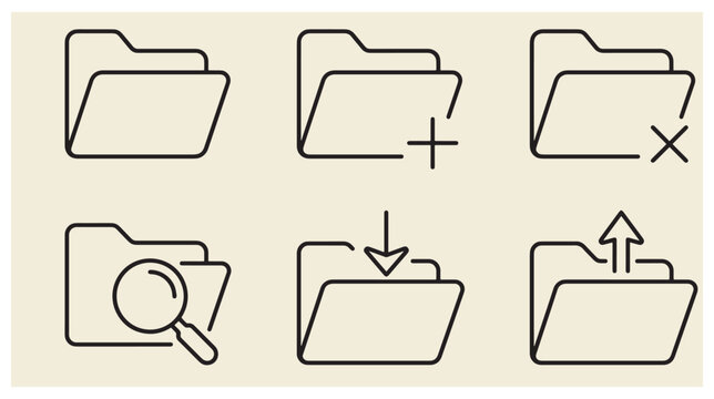 Set of line art folder icons showing folder actions like add remove search download and upload with outline icons folder icon delete folder file management user interfa
