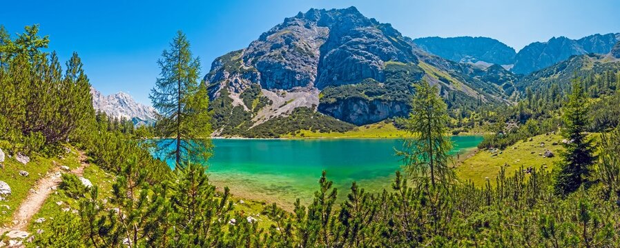 Wide panorama of Seebensee in the Mieming range Tyrol Austria