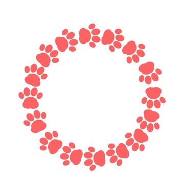 Round pink paw frame. A circular wreath frame animal footprint with copy space.  