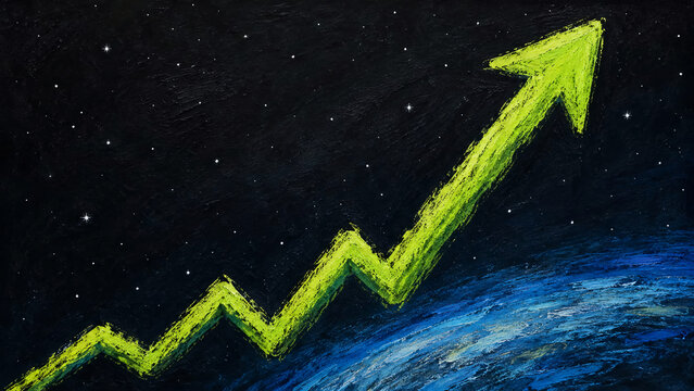 Textured painting featuring a bright green, jagged upward arrow rising from a blue planet into a dark, starry space background.