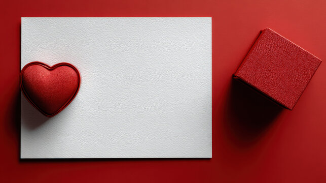 A simple, clean composition features a red heart, a blank white card, and a small gift box against a vibrant red background, perfect for conveying themes of love and celebration.