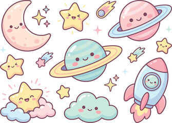 Fototapeta premium Cute Kawaii Galaxy Planet Moon and Stars Icon Set