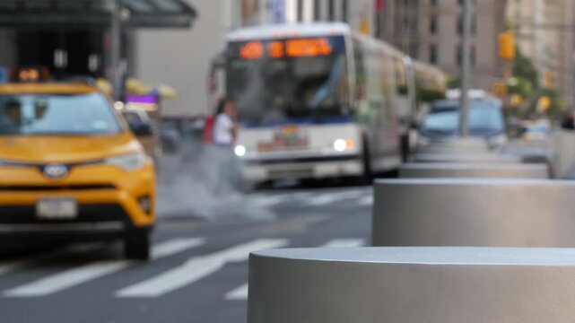 New York City Manhattan Downtown Financial District, United States. Defocused people pedestrians on Church street. Hot steam and zebra crosswalk on crossroad with Fulton street, USA. Yellow taxi car.