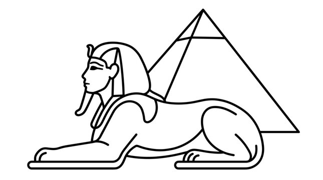 Simplified line art illustration of a sphinx and pyramid, isolated on a white background, graphic element