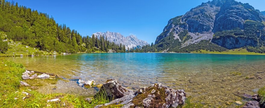 Seebensee lake with Zugspitze view in Tyrol Austria
