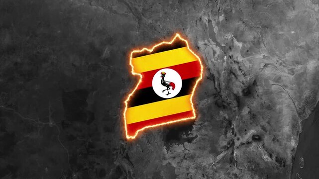 3D Dark Satellite Map Animation Highlighting Uganda with Flag Texture and Waving National Flag