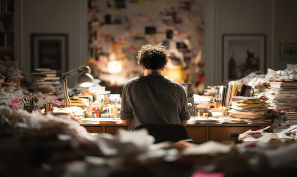 A solitary individual is deeply engrossed in their work amidst a cluttered and chaotic desk, bathed in warm desk lamp light, surrounded by stacks of papers and books.