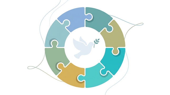 International Day of Peace symbol with dove and puzzle circle, isolated on white, transparent background