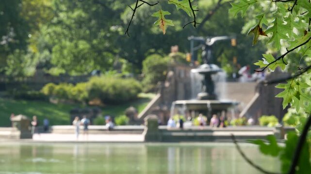Central Park Bethesda Fountain in New York City, United States. Angel statue by american Bethesda Terrace. People and sculpture in Manhattan, USA. Tourists near lake, pond water. Summer trees greenery