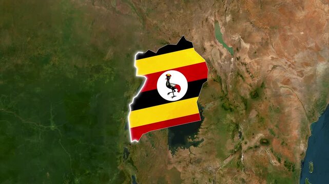 3D Satellite Map Animation Highlighting Uganda with Flag Texture and Waving National Flag