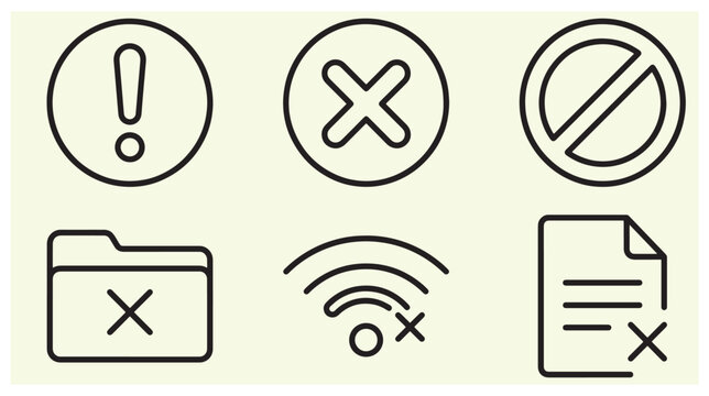Set of error and restriction outline vector icons including warning exclamation cross mark prohibition missing folder no signal and error document symbols with UI elements