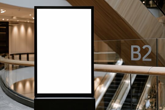 Blank digital screen in modern indoor shopping mall, with escalator and railings