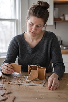 Weary mother repairing homemade holiday cookie house with broken gingerbread pieces on kitchen table. Focused mother attempts to recreate festive cookie house with falling apart structure.