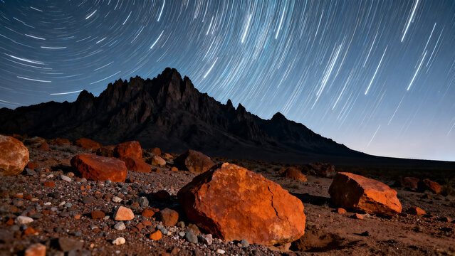Star trails stretching across the night sky above a dark mountain ridge and rocky desert landscape with desert terrain long exposure astrophotography nighttime astronomy starlight universe