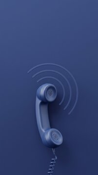 Minimalist blue telephone receiver floating on blue background with sound waves