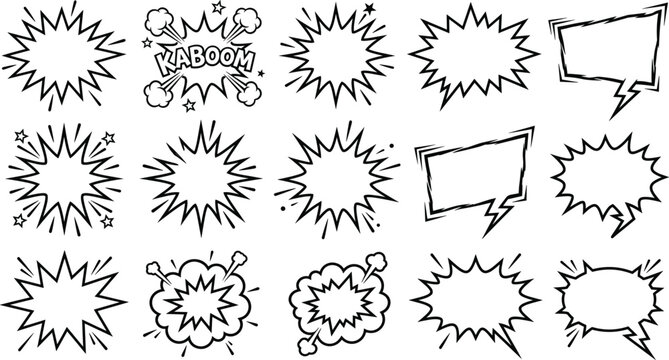 Comic book explosion speech bubble vector set with blank burst frames bang pop kaboom sound effect text clouds