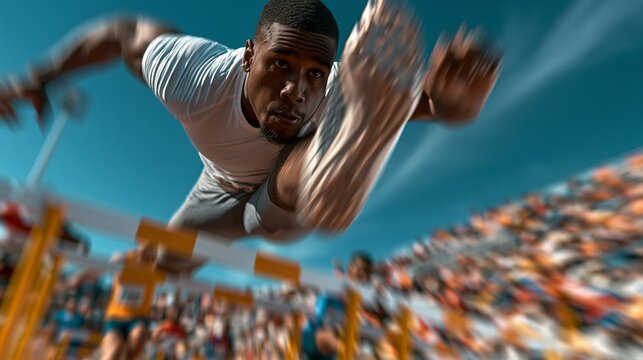 A male athlete leaps over hurdles with a blurred crowd in the background under a blue sky.
