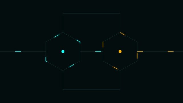 Digital hexagon hud interface with glowing data points and geometric lines animation 4k