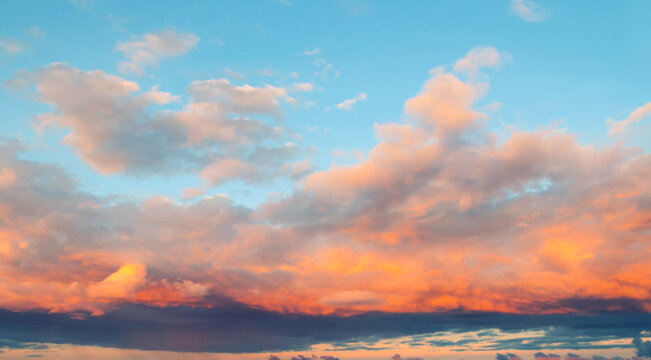 Panoramic cloudscape background with orange and red clouds in the sunset sky, picturesque natural evening sky landscape