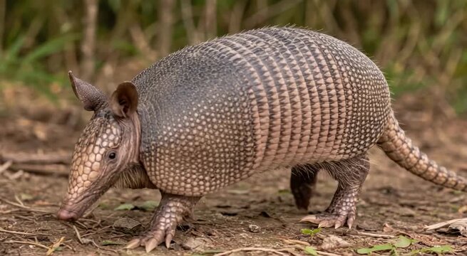 Nine-banded armadillo walking on a leaf-littered forest floor showing detailed armored shell