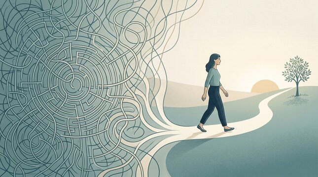 Illustration of a woman escaping mental stress, leaving a tangled web of anxiety to walk down a clear path toward hope and peace