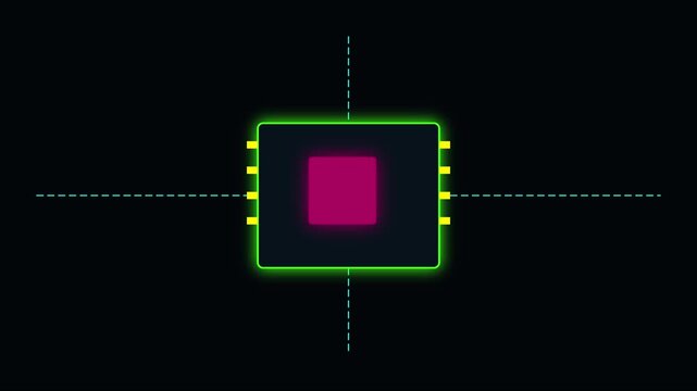 Digital microchip processor glowing with neon circuitry lines for technology and computing concepts animation 4k