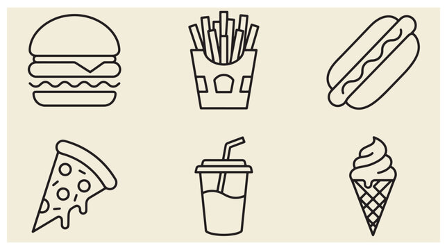 Set of fast food line art icons with burger fries hot dog pizza soda and ice cream cone french fries pizza slice soda cup junk food vector set snack food icon collection snack bar