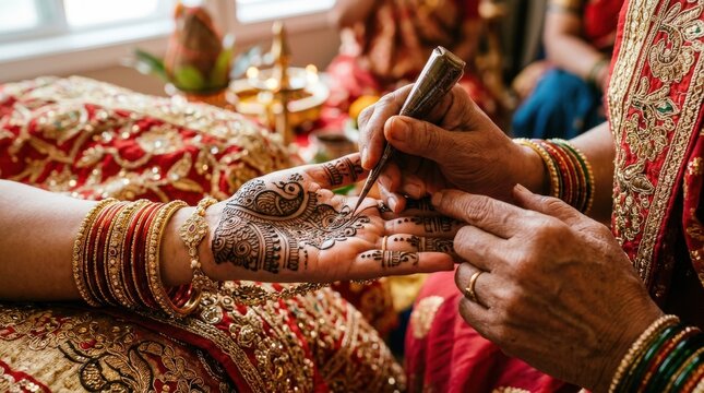 Close up of a bride getting traditional henna tattoo applied on her hand during an Indian wedding ceremony.