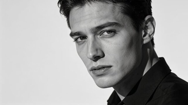 Posing male model in dark collared shirt in studio, camera rolling, making head turns, copy space