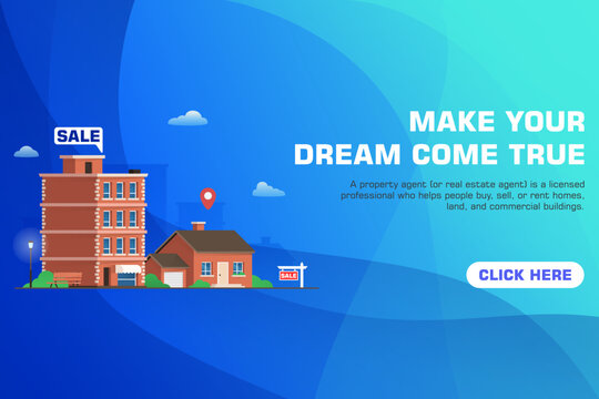 Modern real estate agency banner for residential property housing. Developer house sale purchase, rent home lease, commercial architecture investment, and suburban building vector illustration.