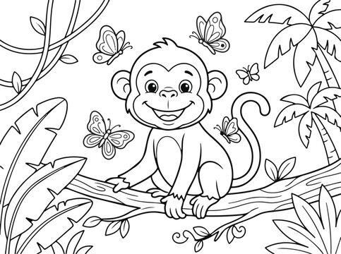 Cute monkey sitting on a tree branch with butterflies in the jungle, coloring page for kids