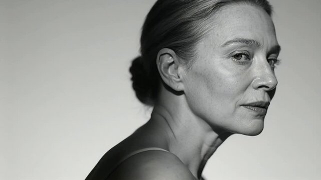 Camera rolling, model turning head toward camera in studio, seeking gaze with strap top and lights