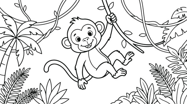 Cute cartoon monkey hanging on a vine in the jungle
