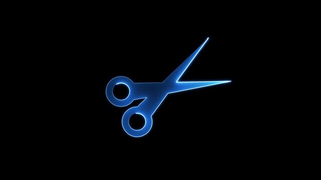 Neon glowing scissor icon collaring animation on black background.