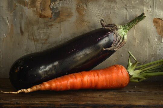 Ripe eggplant and carrot on a rough wooden surface, showing healthy food concept