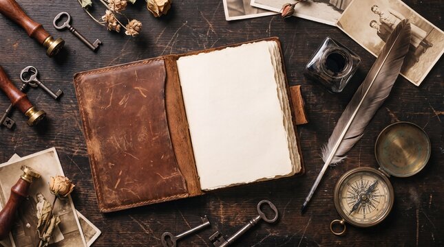Open leather journal with vintage writing tools and antique photographs on a wooden table with surrounded antique items including keys compass pages sits surrounded ink old photographs calligraphy
