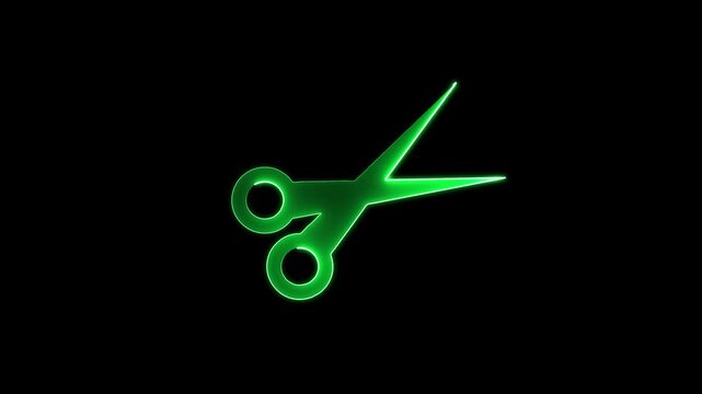 Neon glowing scissor icon collaring animation on black background.