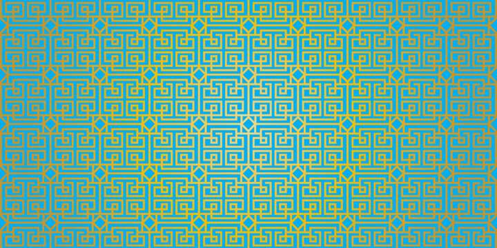 Cyan and gold greek key meander pattern vector provides a bold geometric border design for modern apparel and architectural decoration projects.