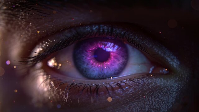 Reacting to pulsed light, eye shifting iris hues, half-blinking, reopening magenta in studio macro