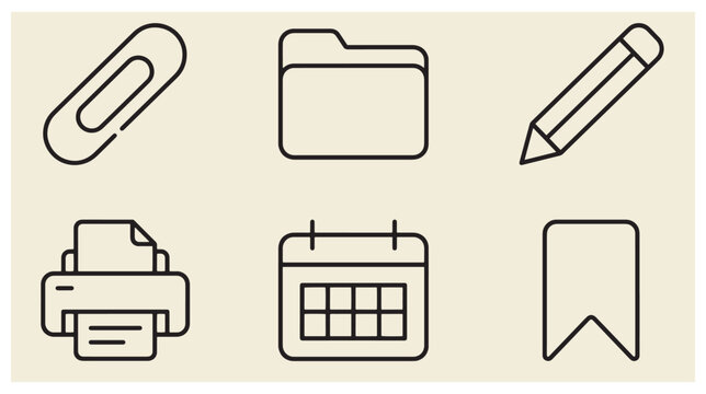 Set of office equipment and productivity line icons including paper folder pencil printer calendar bookmark tag with folder icon productivity paper clip stationery