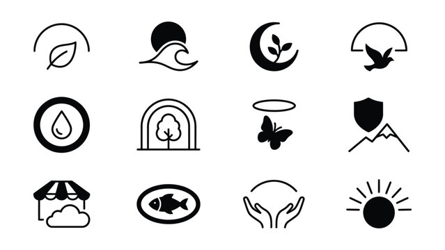Collection of Simple Black Line Icons Representing Nature and Environmental Elements