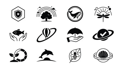 Fototapeta premium Black and White Line Art Icons Showing Nature and Environmental Conservation Elements