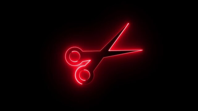 Neon glowing scissor icon collaring animation on black background.
