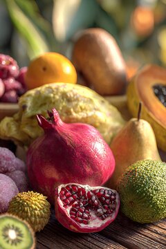 Assortment of Exotic and Premium Fruits on Wooden Table