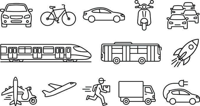 Transportation logistics and urban vehicle travel line icon set with car bicycle train bus airplane rocket delivery truck