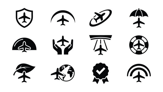 Collection of creative airplane icons with various symbolic designs on transparent background