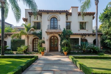 Naklejka premium Elegant mediterranean style building featuring a lush garden and paved driveway