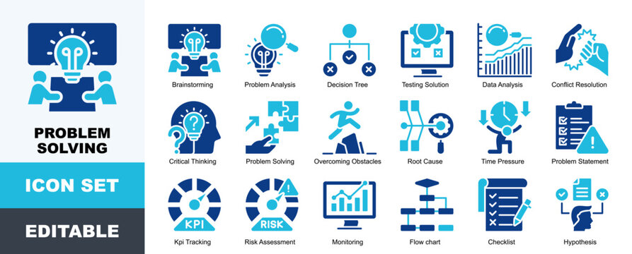 Problem Solving Icon Pack Featuring Brainstorming, Problem Analysis, Decision Tree, Testing Solution, Data Analysis, Conflict Resolution, Critical Thinking
