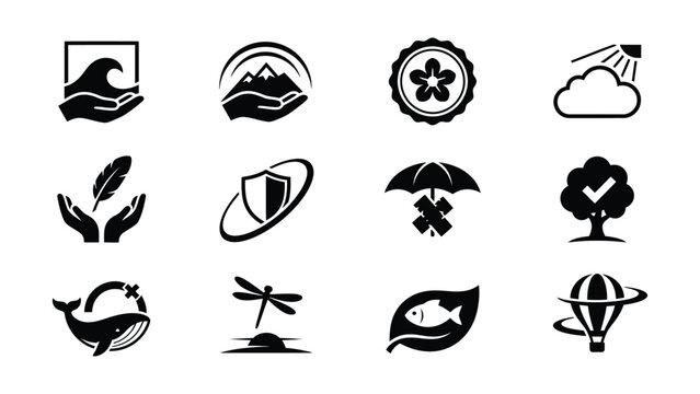 Collection of twelve minimalist nature and travel icons with transparent backgrounds
